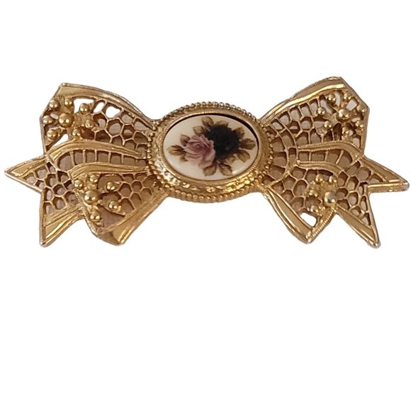 1928 Brand Gold Tone Roses Bow Pin Brooch K669 - Picture 1 of 9